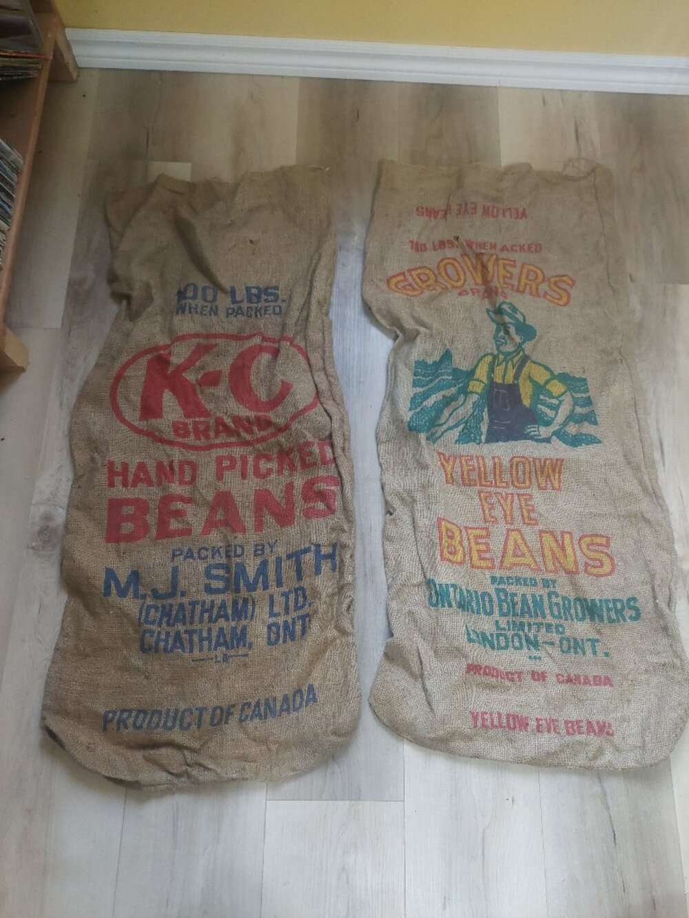 2 Vintage Cloth Seed Sack Bag Yellow Eye Beans London Ont, M.J. Smith Chatham O